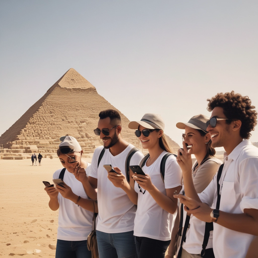 A person holding a tablet, which displays an augmented reality application capturing an image of an arm with digital enhancements overlaid. In the background, a table with a potted plant, documents, and a laptop are visible. Another person is seated and slightly blurred in the background.